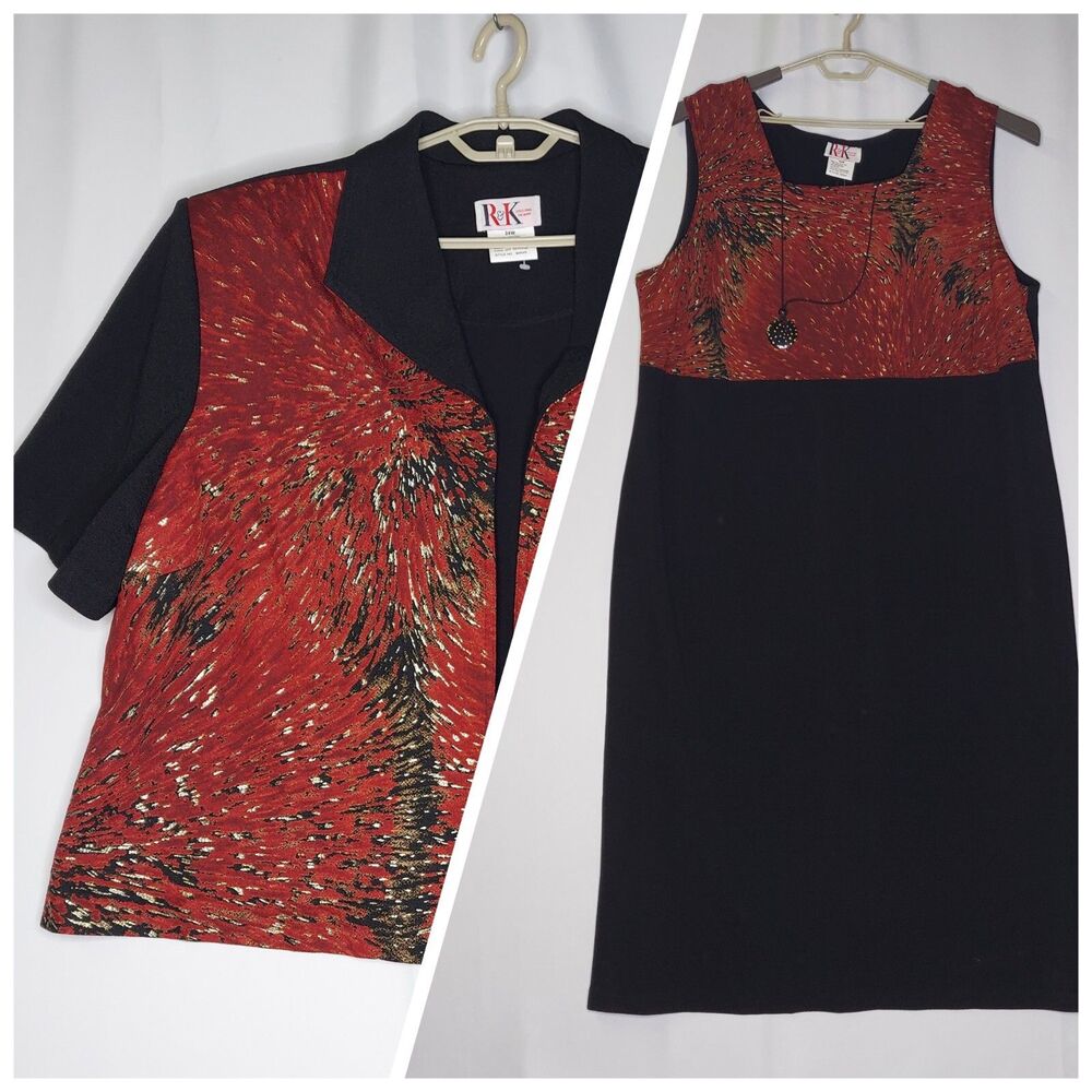 R&K‎ Dress Jacket Set 24W Red Black Metallic Midi Sheath Holiday Artsy Party